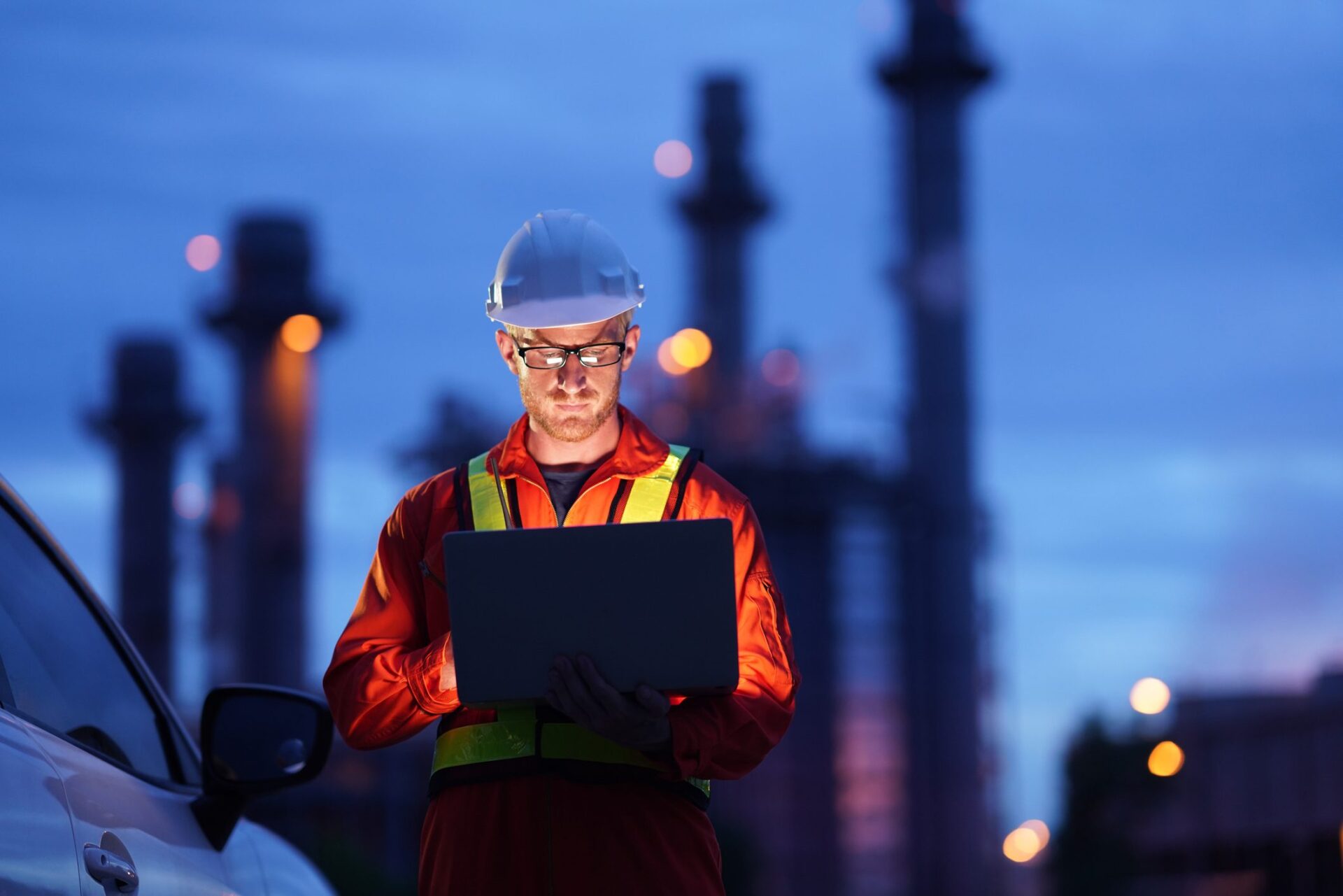 Engineer working at construction power Plant Engineer using laptop working while standing over Natural gas power Plant at construction site in evening twilling